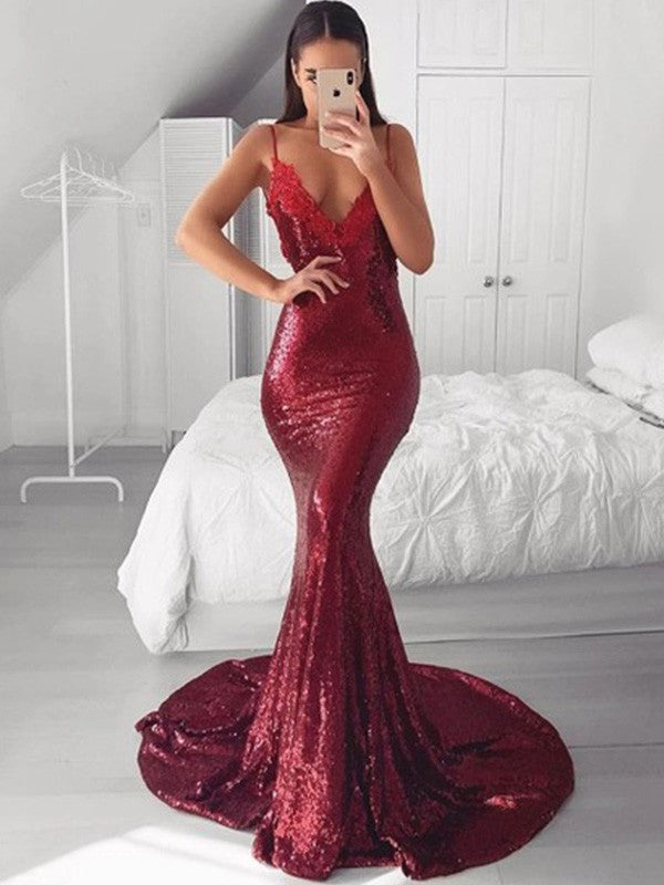 Trumpet/Mermaid V-neck Sequins Applique Sweep/Brush Train Sleeveless Dresses